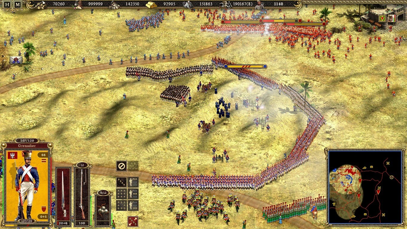 Draufsicht auf große Truppenformationen mit Infanterie und Kavallerie im Kampf in Cossacks II