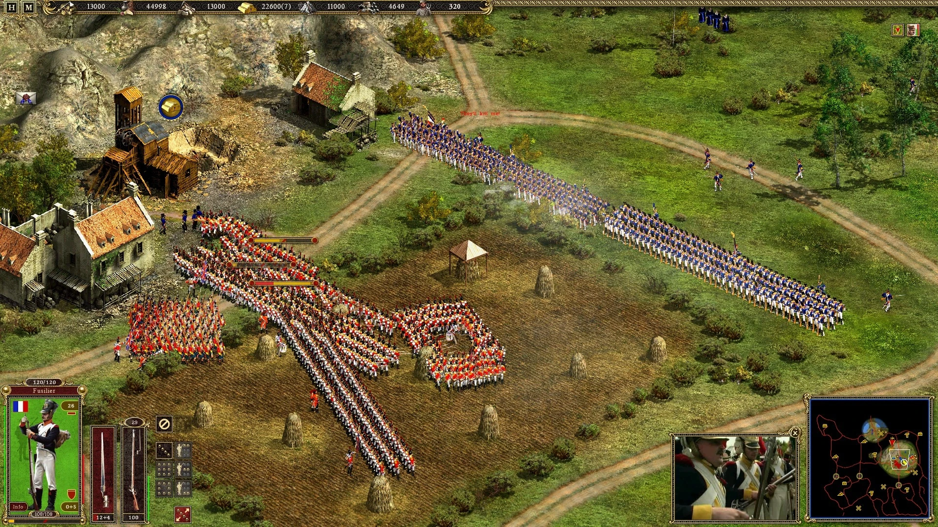 Draufsicht auf Infanterieeinheiten in taktischer Formation mit Gebäuden und Ressourcenanzeigen in Cossacks II