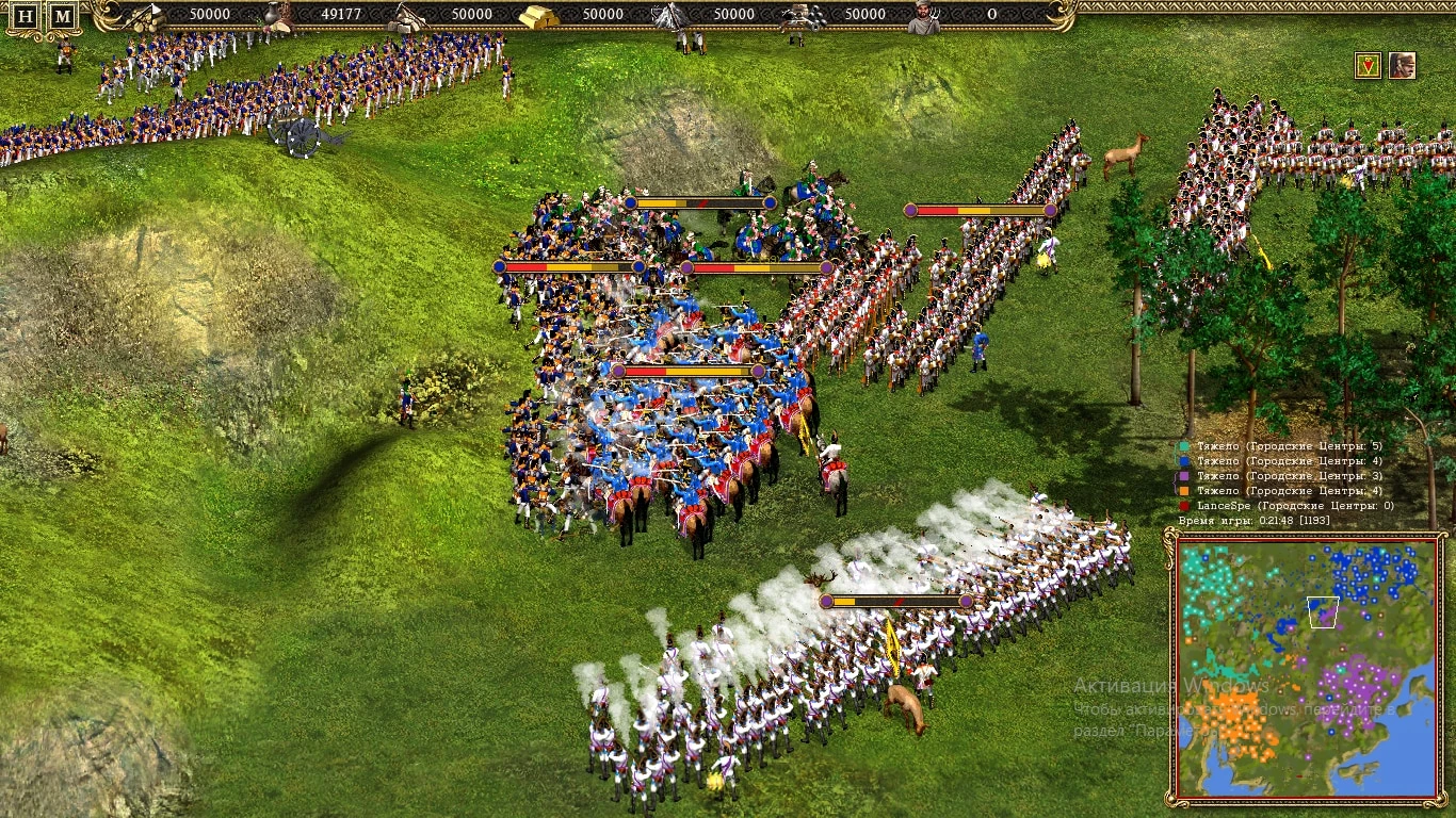 Screenshot zeigt große Schlacht mit Infanterielinien und Kavallerie auf einer grünen Wiese in Cossacks II Napoleonic Wars