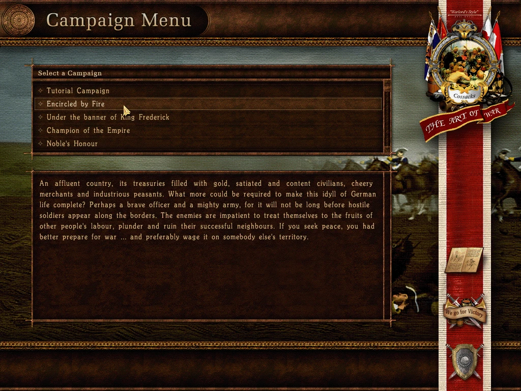 Ekran menu kampanii z wyborem i opisem kampanii w Cossacks The Art of War