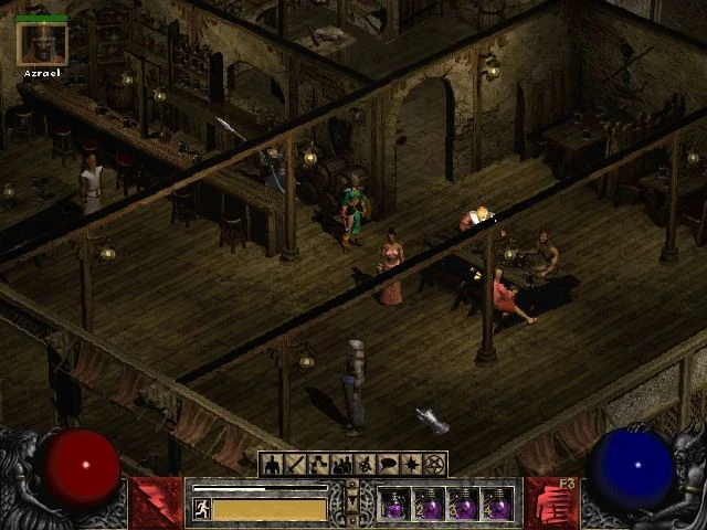 Captura de Diablo II: el personaje está dentro de la taberna de madera del campamento de pícaras, rodeado de NPCs como Akara y Kashya