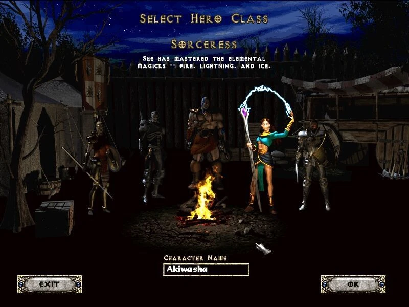 Captura de pantalla de Diablo II mostrando la selección de personaje con la hechicera destacada