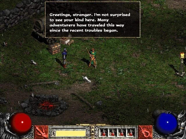 Captura de pantalla de Diablo II donde el jugador habla con Warriv en el campamento de pícaras