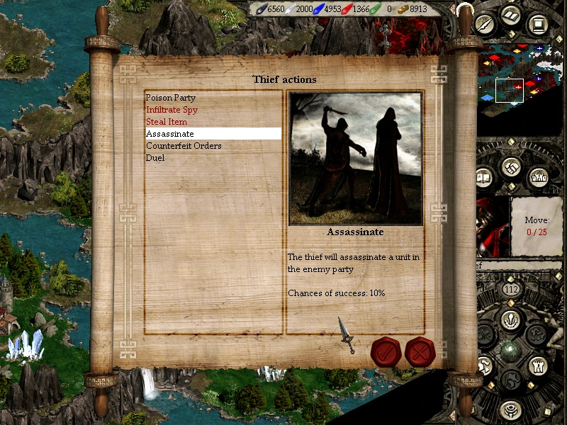 Ekran gry pokazujący działania złodzieja w tym zabójstwo z 10% szansami powodzenia w Disciples II