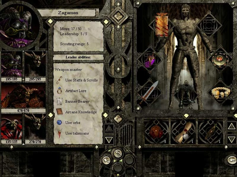 Interfejs gry Disciples II Dark Prophecy pokazujący statystyki, umiejętności i wyposażenie wodza Zagamon