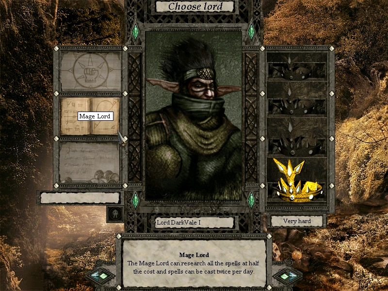 Screen showing the Mage Lord character selection with spell research benefits in Disciples II Rise of The Elves