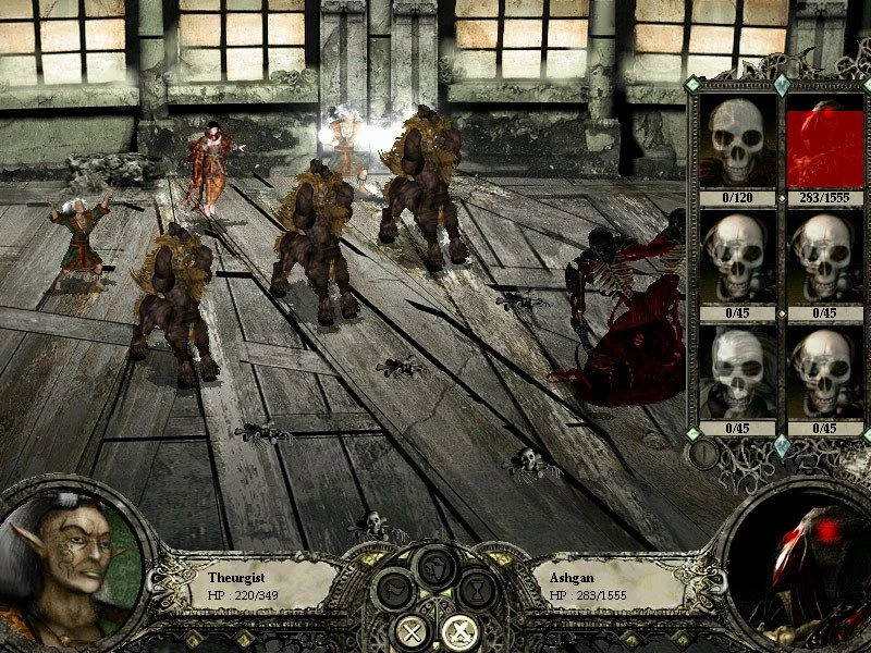 Disciples II battle screen showing Theurgist and Ashgan health bars and combat units on wooden floor