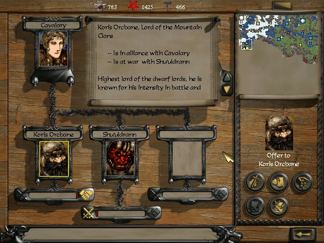 Інтерфейс гри з інформацією про союз Koris Orcbane з кавалерією та війну зі Shuldrarm у Disciples Sacred Lands