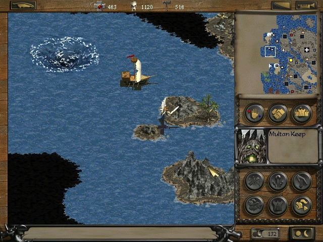 Ігровий екран із вітрильним човном біля островів і водовороту в Disciples Sacred Lands з інтерфейсом і картою