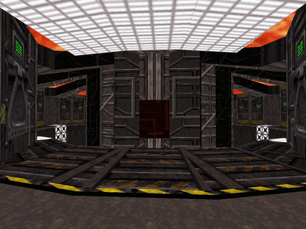 Pasillo metálico oscuro con franjas de advertencia y paneles verdes brillantes en nivel de Duke Nukem 3D
