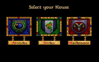 Game screen showing three houses Atreides, Ordos, and Harkonnen to select from in Dune II 1992