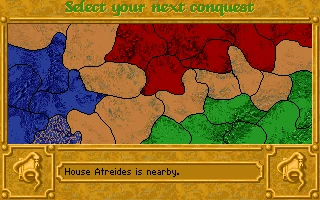 Map showing colored territories and message indicating House Atreides is nearby in Dune II