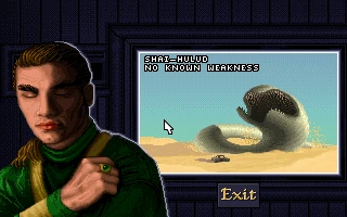 In-game screen showing a Dune II character portrait and a desert worm labeled Shai-Hulud with no weaknesses