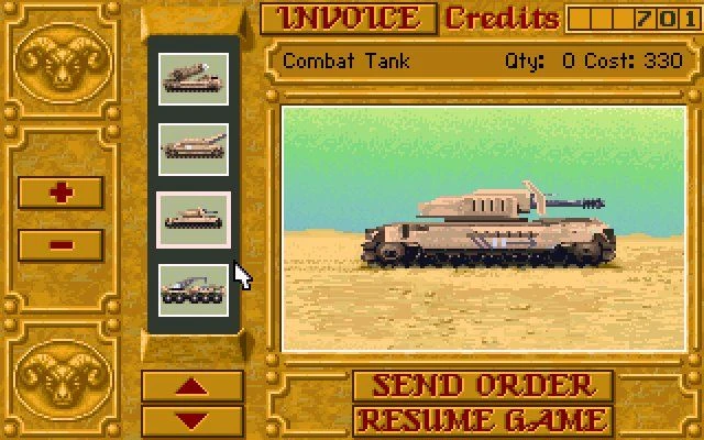 In-game screenshot showing Combat Tank unit details and selection interface in Dune II