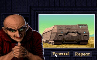 In-game image from Dune II showing a bald character and a large futuristic tank on screen