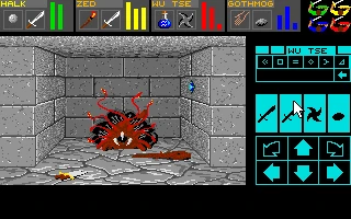 Captura de pantalla de Dungeon Master mostrando combate con un monstruo espinoso en una cámara de piedra y barras de salud de personajes
