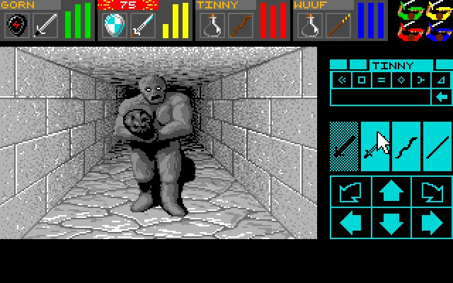 Escena de juego Dungeon Master 1987 con un monstruo sosteniendo una cabeza cortada en un pasillo de piedra