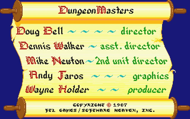 Pergamino que muestra los desarrolladores del juego Dungeon Masters 1987 y sus roles