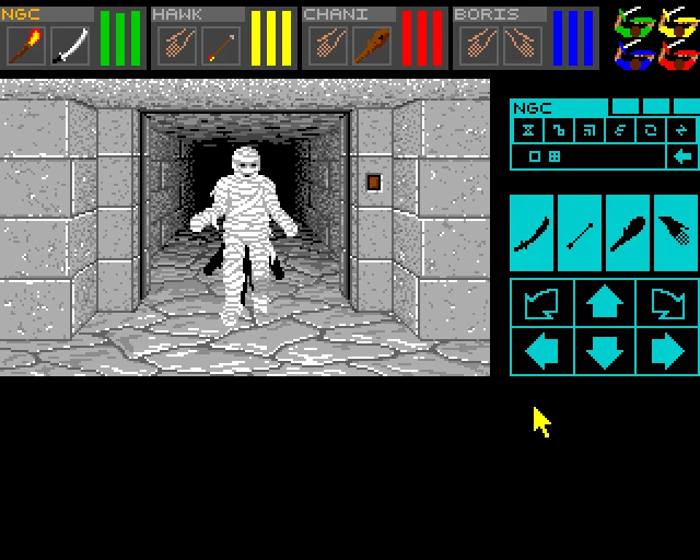 Captura de pantalla de Dungeon Master mostrando a una momia acercándose en el pasillo de la mazmorra con estado y comandos de personajes visibles