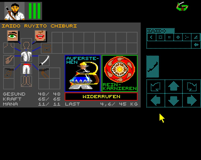 Pantalla del juego Dungeon Master 1987 mostrando estadísticas del personaje, ranuras de inventario y menú de hechizos
