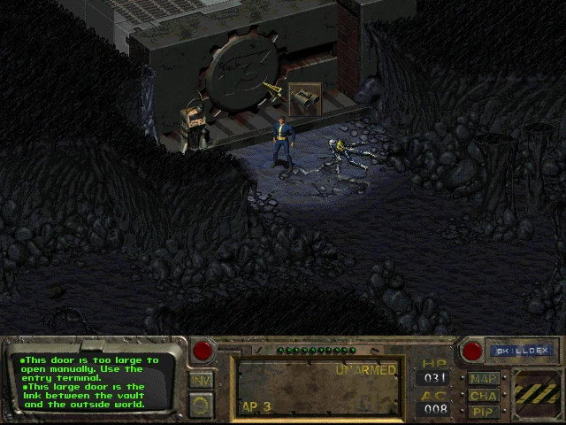 Vault door entrance with a character and a skeleton corpse seen in dark rocky environment in Fallout 1997