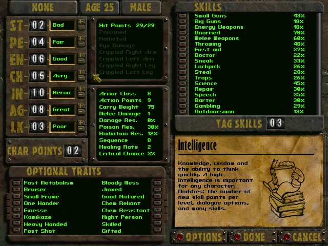 Fallout 1997 character creation screen showing SPECIAL stats, skills list, and optional traits selection