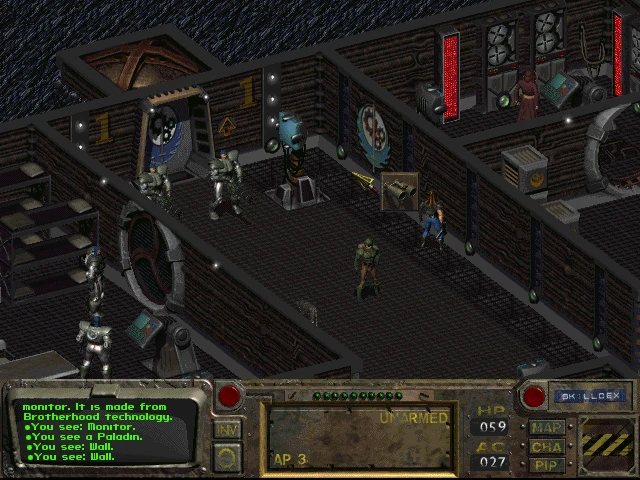 In-game screenshot showing characters and equipment inside Brotherhood of Steel bunker in RPG Fallout 1997