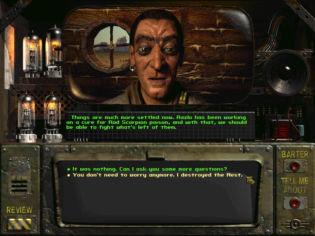 In-game dialog with an NPC discussing progress on the cure for Rad Scorpion poison in Fallout 1997