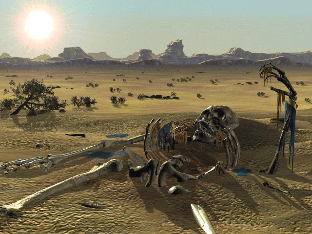A large ancient skeleton partially buried in the desert sand under bright sun in Fallout 1997