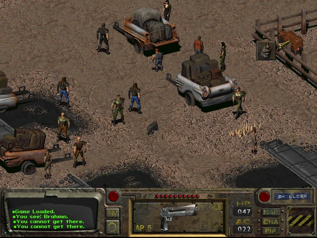 Top down view of several characters and animals near old trucks in a dusty Fallout 1997 environment