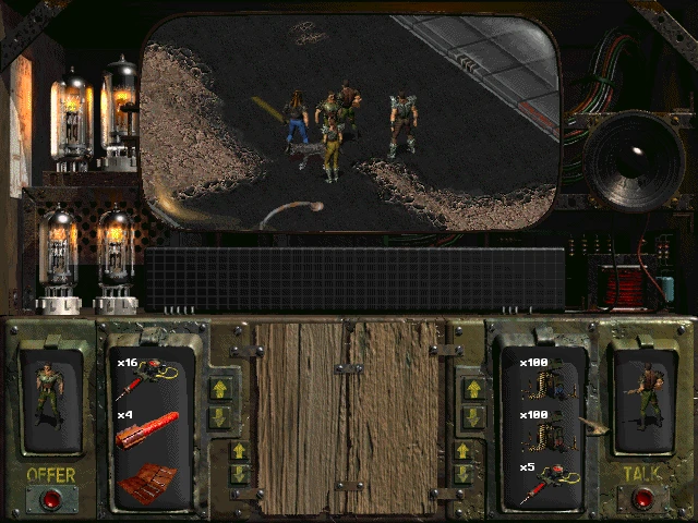 In-game tactical view from Fallout 1997 showing four characters on a road with inventory menus on sides