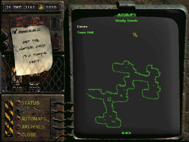 Fallout automap screen showing Shady Sands area with pathways on green grid and quest note about water chip
