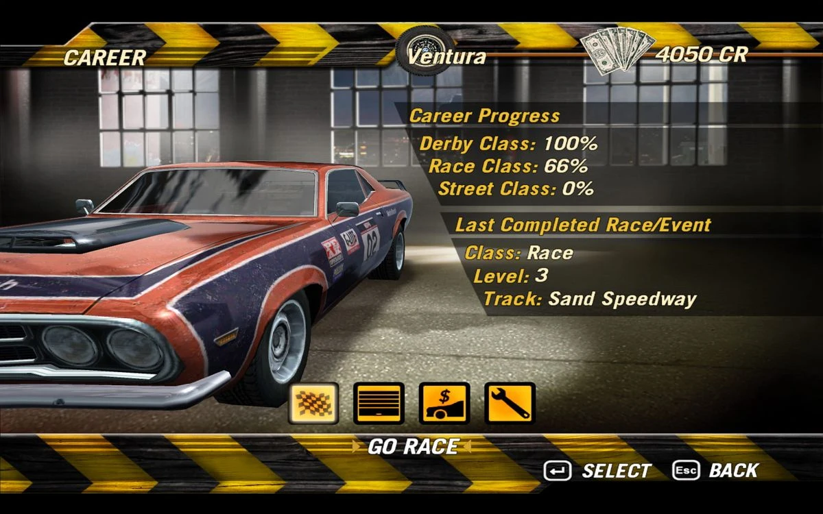 Screenshot aus FlatOut 2: roter Muscle-Car in der Garage, Karrierestatistik auf dem Bildschirm