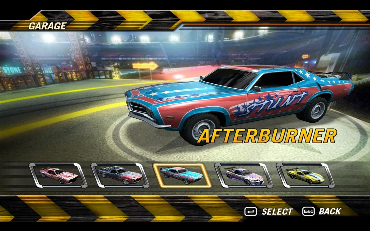 Скриншот FlatOut 2: машина Afterburner выбрана в меню гаража
