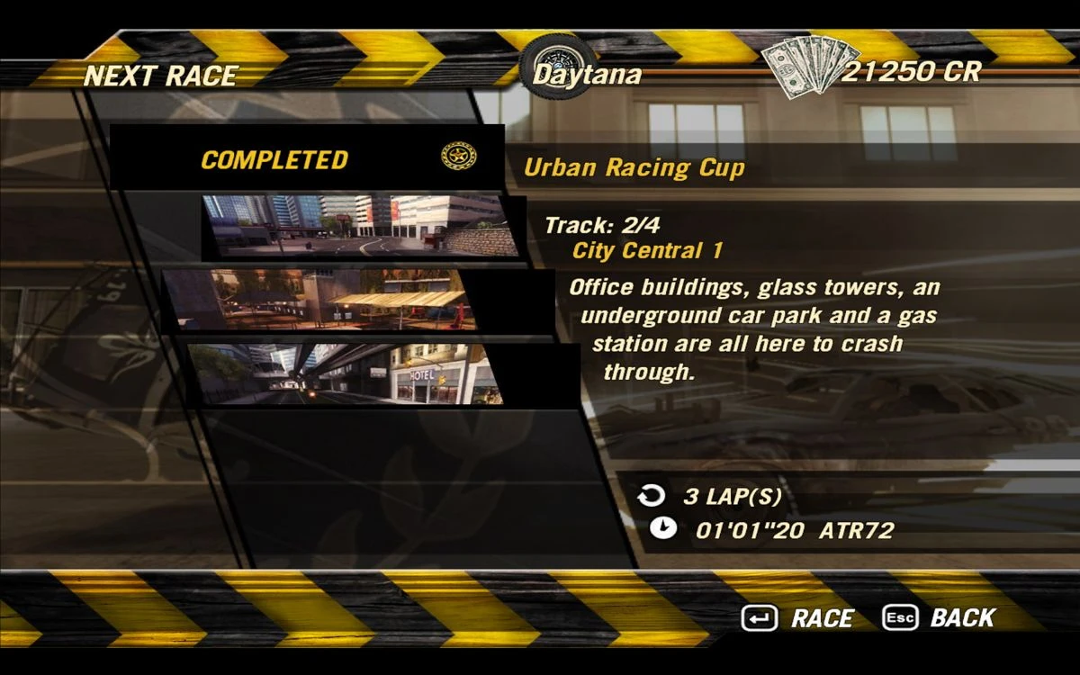 FlatOut 2 screenshot: race menu showing City Central 1 track with details of the next urban race