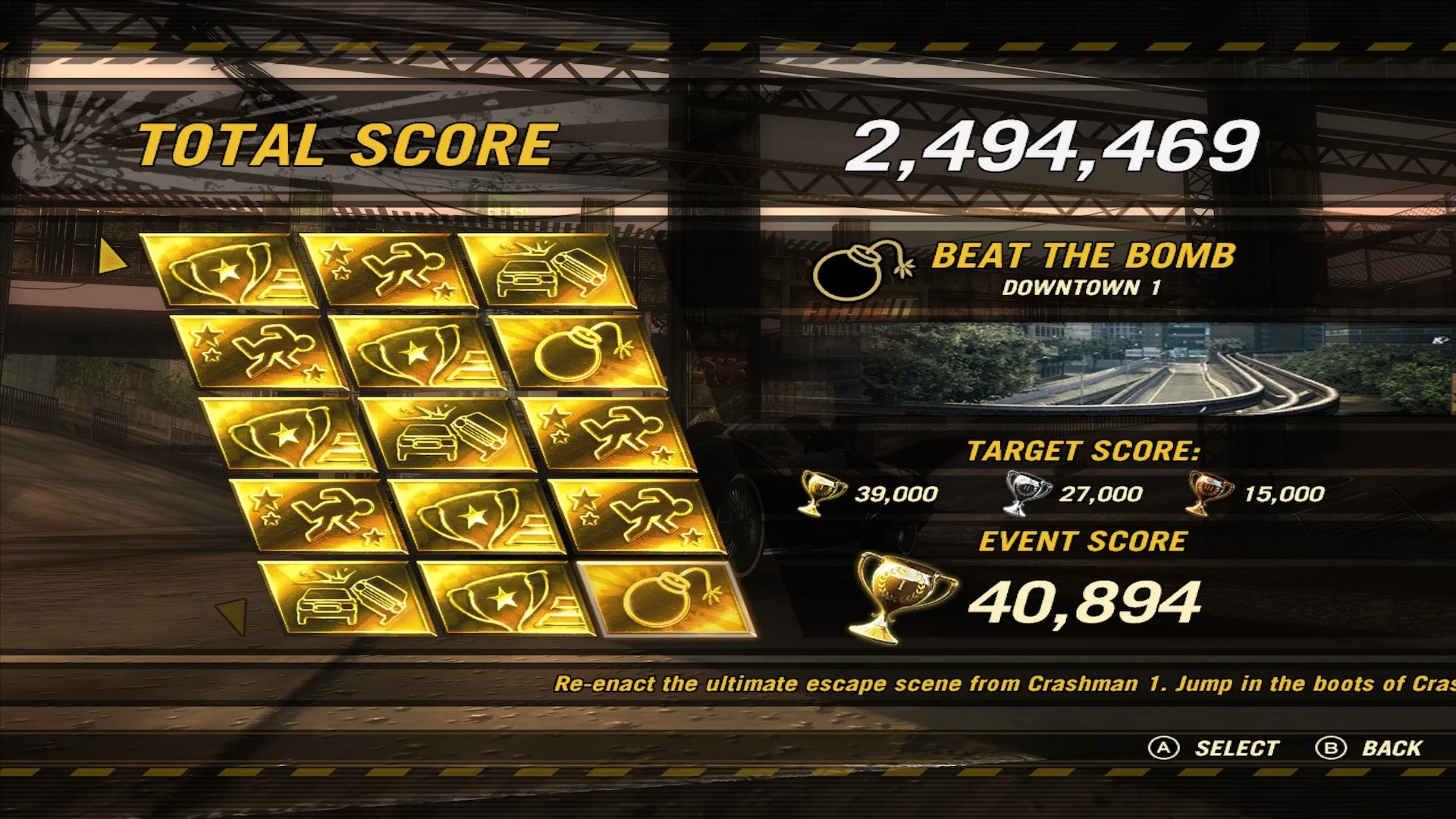 Game screen showing total and event scores for Beat the Bomb challenge with icons and track preview in FlatOut Ultimate Carnage
