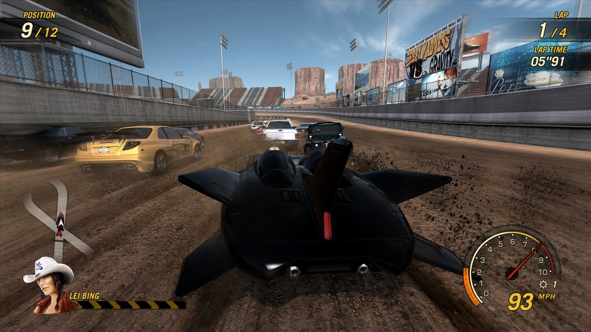 Player driving a black futuristic car on a dirt track with other cars racing in FlatOut Ultimate Carnage