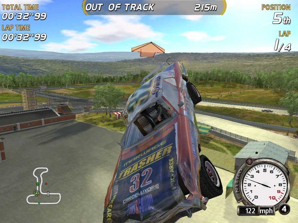 FlatOut screenshot: a car is mid-air after flying off the track at high speed