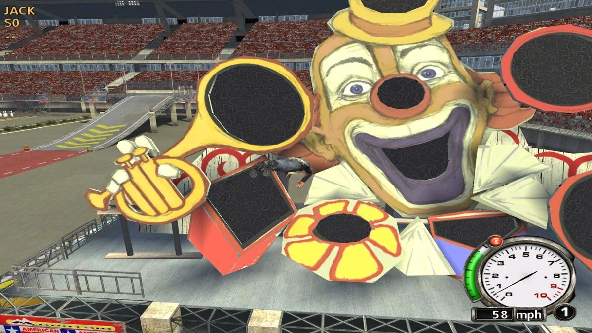 FlatOut screenshot: the driver is launched at a clown-themed target board in a stadium