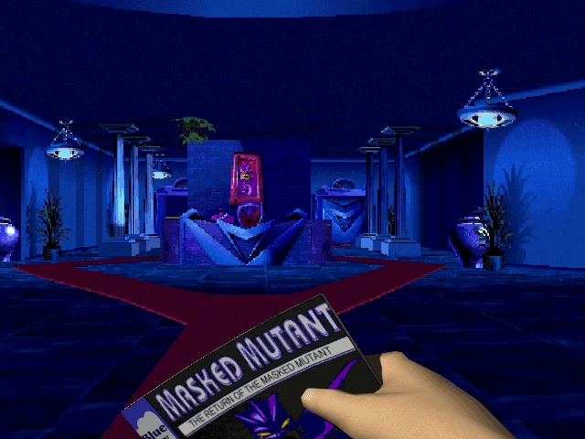 First-person view holding a comic titled Masked Mutant inside a dimly lit museum hall