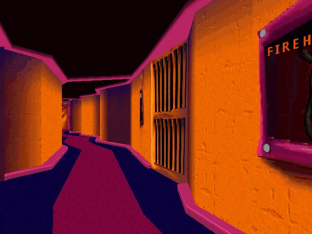 Dimly lit game hallway with orange walls and purple carpet in Goosebumps Attack of the Mutant