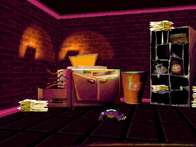 Pixel art office scene with dark purple walls, stacks of papers, old shelves, and a small robotic crab on the floor