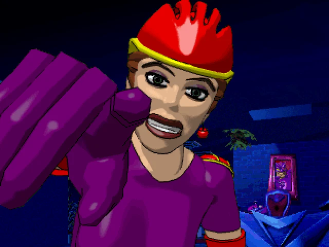 Close-up of a purple-gloved character wearing a red helmet reaching toward the screen in a dark blue room