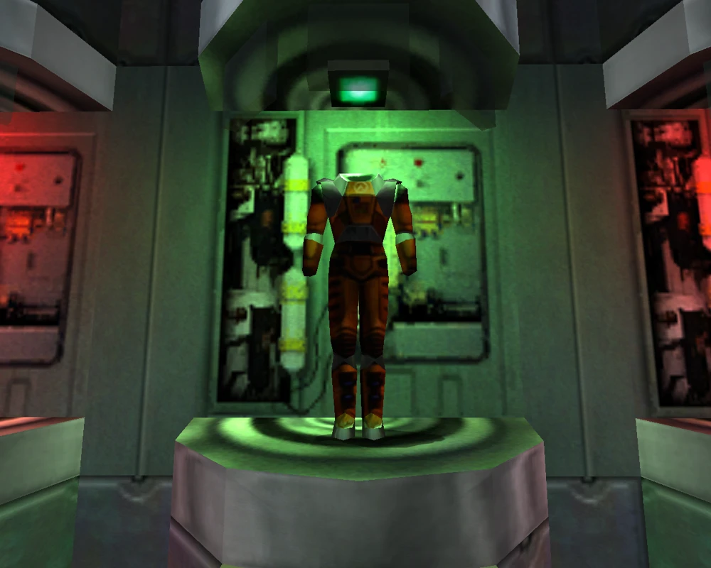 Screenshot aus Half-Life: Source (2004): der HEV-Anzug in seiner Kammer, in grünes Licht getaucht
