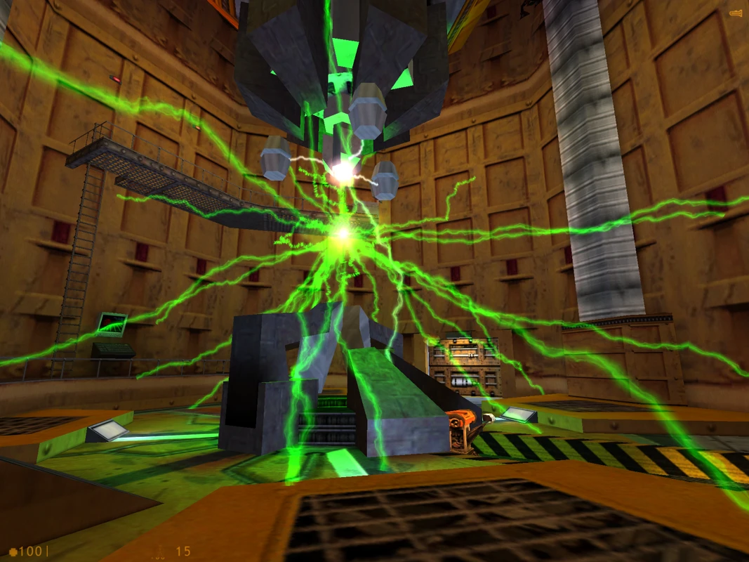 Screenshot aus Half-Life: Source (2004): die Resonanzkaskade beginnt in der Testkammer mit grellen grünen Entladungen