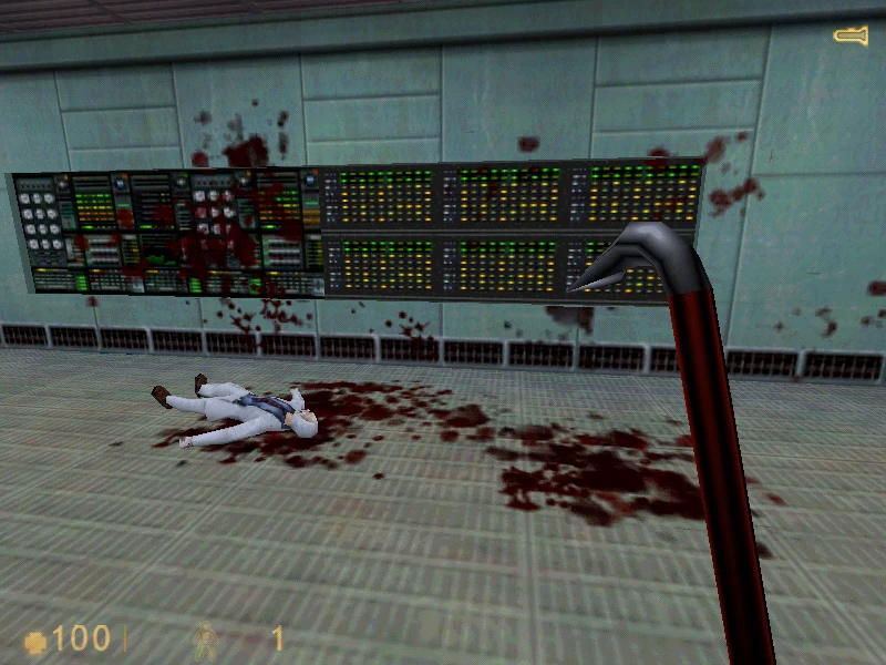 Screenshot from Half-Life (1998): player with crowbar approaches a bloodied corridor and a dead scientist