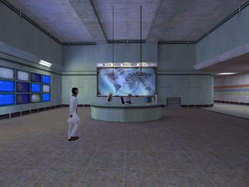 Screenshot from Half-Life (1998): scientists talking at the main desk of Black Mesa Research Facility