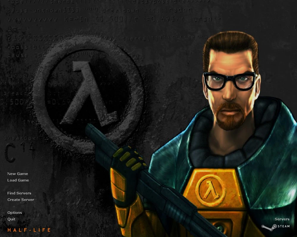 Screenshot from Half-Life (1998): main menu screen with Gordon Freeman holding a weapon and lambda symbol background