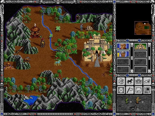 Mapa estratégico en juego de Heroes of Might and Magic II con héroe, río, bosque, montañas y castillo