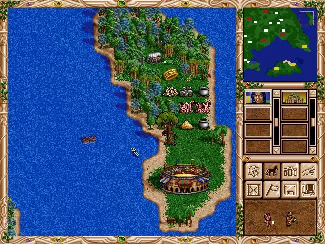 Área costera en el mapa de Heroes of Might and Magic II con recursos y edificio coliseo